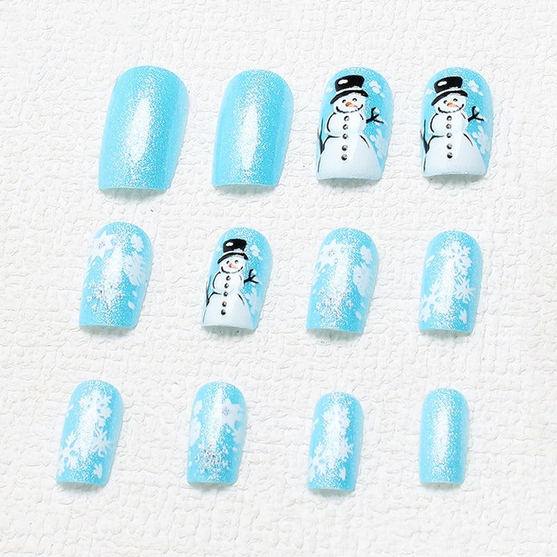 OCOUYVD Christmas Press on Nails Short Square Blue Glitter Fake Nails with Snowflake ＆ Snowman Designs Cute Xmas Winter Acrylic Nails Full Cover False Nails Stick on Nails for Women Women Nail Art DIY 24 Pcs - Image 3